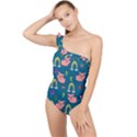 Flowers Pink Pig Piggy Seamless Frilly One Shoulder Swimsuit View1