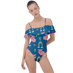 Flowers Pink Pig Piggy Seamless Frill Detail One Piece Swimsuit by Ravend