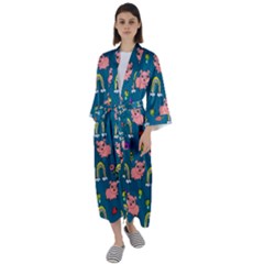 Flowers Pink Pig Piggy Seamless Maxi Satin Kimono by Ravend