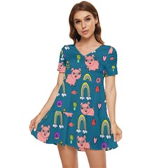 Flowers Pink Pig Piggy Seamless Tiered Short Sleeve Babydoll Dress by Ravend