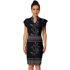 Flowers Line Art Wall Decoration Vintage Frill Sleeve V-neck Bodycon Dress by Ravend