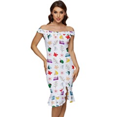 Snail Butterfly Pattern Seamless Off Shoulder Ruffle Split Hem Bodycon Dress by Ravend