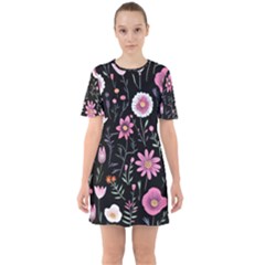 Flowers Pattern Sixties Short Sleeve Mini Dress by Ravend