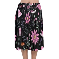 Flowers Pattern Velvet Flared Midi Skirt by Ravend