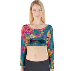 Floral Art Flowers Textile Long Sleeve Crop Top by Ravend