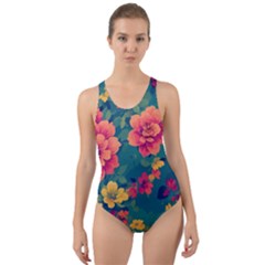 Floral Art Flowers Textile Cut-out Back One Piece Swimsuit by Ravend