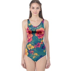 Floral Art Flowers Textile One Piece Swimsuit by Ravend