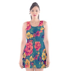 Floral Art Flowers Textile Scoop Neck Skater Dress by Ravend