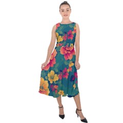 Floral Art Flowers Textile Midi Tie-back Chiffon Dress by Ravend