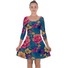 Floral Art Flowers Textile Quarter Sleeve Skater Dress by Ravend