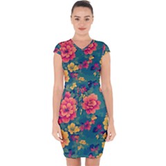 Floral Art Flowers Textile Capsleeve Drawstring Dress  by Ravend