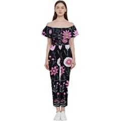 Flowers Pattern Bardot Ruffle Jumpsuit by Ravend