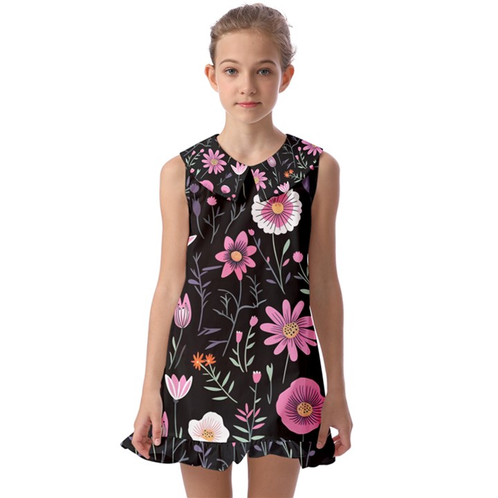 Flowers Pattern Kids  Pilgrim Collar Ruffle Hem Dress