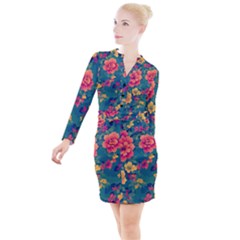 Floral Art Flowers Textile Button Long Sleeve Dress by Ravend