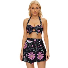 Flowers Pattern Vintage Style Bikini Top And Skirt Set  by Ravend