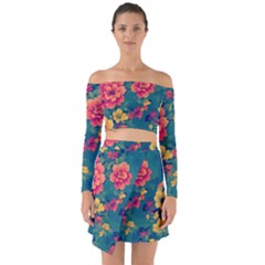 Floral Art Flowers Textile Off Shoulder Top With Skirt Set by Ravend