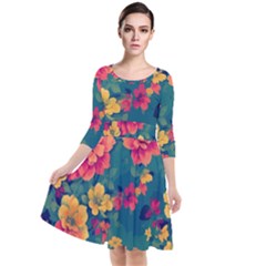 Floral Art Flowers Textile Quarter Sleeve Waist Band Dress by Ravend