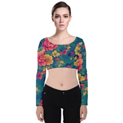 Floral Art Flowers Textile Velvet Long Sleeve Crop Top by Ravend