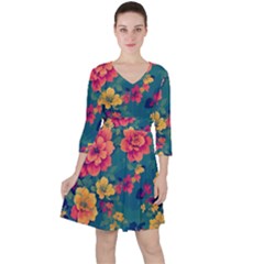 Floral Art Flowers Textile Quarter Sleeve Ruffle Waist Dress by Ravend