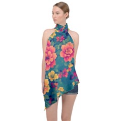 Floral Art Flowers Textile Halter Asymmetric Satin Top by Ravend