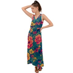 Floral Art Flowers Textile V-neck Chiffon Maxi Dress by Ravend