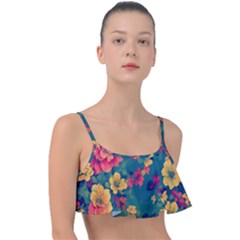 Floral Art Flowers Textile Frill Bikini Top by Ravend