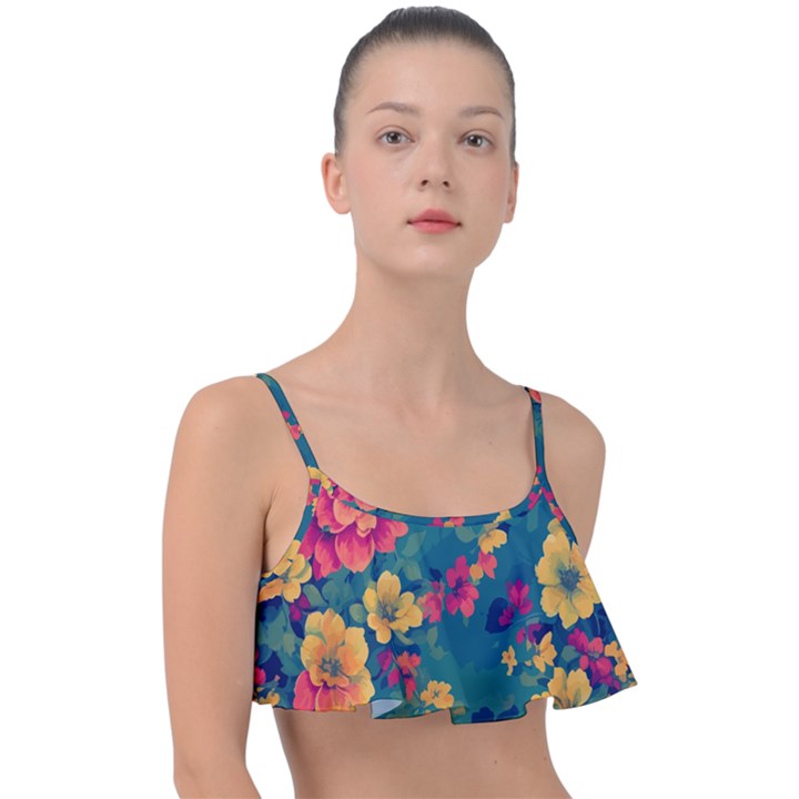 Floral Art Flowers Textile Frill Bikini Top