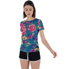 Floral Art Flowers Textile Back Circle Cutout Sports T-shirt by Ravend