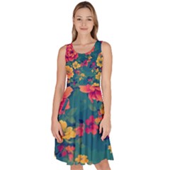 Floral Art Flowers Textile Knee Length Skater Dress With Pockets by Ravend