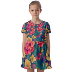 Floral Art Flowers Textile Kids  Short Sleeve Pinafore Style Dress by Ravend