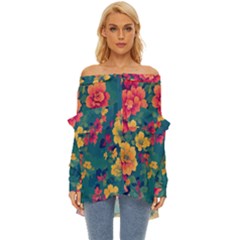 Floral Art Flowers Textile Off Shoulder Chiffon Pocket Shirt by Ravend