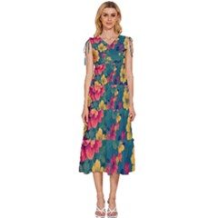 Floral Art Flowers Textile V-neck Drawstring Shoulder Sleeveless Maxi Dress by Ravend