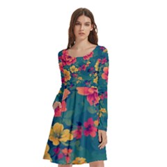 Floral Art Flowers Textile Long Sleeve Knee Length Skater Dress With Pockets by Ravend