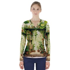 Building Potted Plants V-neck Long Sleeve Top by Ravend