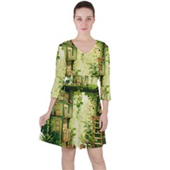 Building Potted Plants Quarter Sleeve Ruffle Waist Dress by Ravend