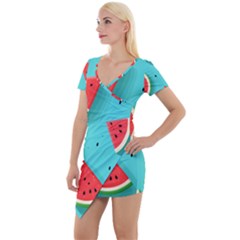 Watermelon Fruit Slice Short Sleeve Asymmetric Mini Dress by Ravend