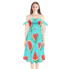 Watermelon Fruit Slice Shoulder Tie Bardot Midi Dress by Ravend