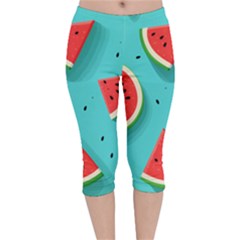 Watermelon Fruit Slice Velvet Capri Leggings  by Ravend