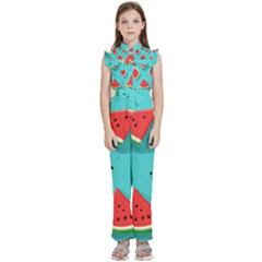 Watermelon Fruit Slice Kids  Sleeveless Ruffle Edge Band Collar Chiffon One Piece by Ravend