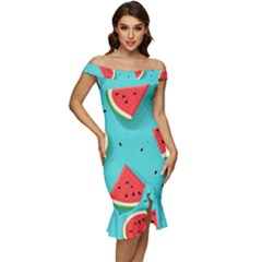 Watermelon Fruit Slice Off Shoulder Ruffle Split Hem Bodycon Dress by Ravend