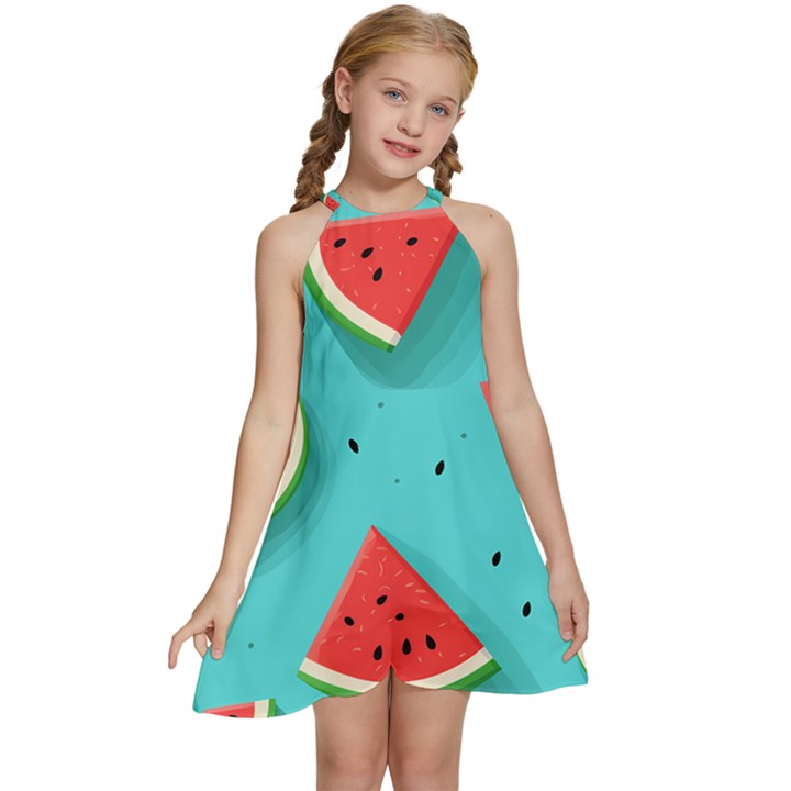 Watermelon Fruit Slice Kids  Halter Collar Waist Tie Chiffon Dress