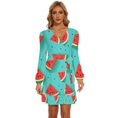 Watermelon Fruit Slice Long Sleeve Waist Tie Ruffle Velvet Dress by Ravend