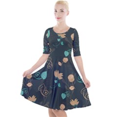 Flowers Leaves Pattern Seamless Quarter Sleeve A-line Dress by Ravend