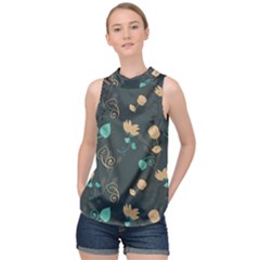 Flowers Leaves Pattern Seamless High Neck Satin Top by Ravend