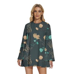 Flowers Leaves Pattern Seamless Round Neck Long Sleeve Bohemian Style Chiffon Mini Dress by Ravend