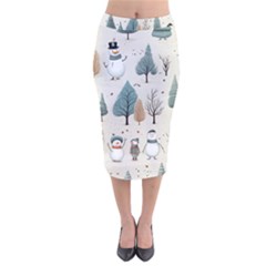 Snowman Snow Christmas Velvet Midi Pencil Skirt