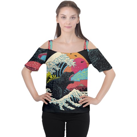 Retro Wave Kaiju Godzilla Japanese Pop Art Style Cutout Shoulder T-shirt by Modalart