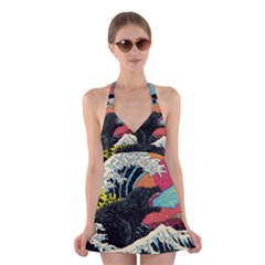 Retro Wave Kaiju Godzilla Japanese Pop Art Style Halter Dress Swimsuit  by Modalart