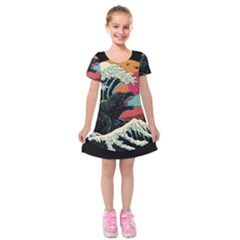 Retro Wave Kaiju Godzilla Japanese Pop Art Style Kids  Short Sleeve Velvet Dress by Modalart