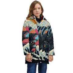 Retro Wave Kaiju Godzilla Japanese Pop Art Style Kids  Hooded Longline Puffer Jacket by Modalart